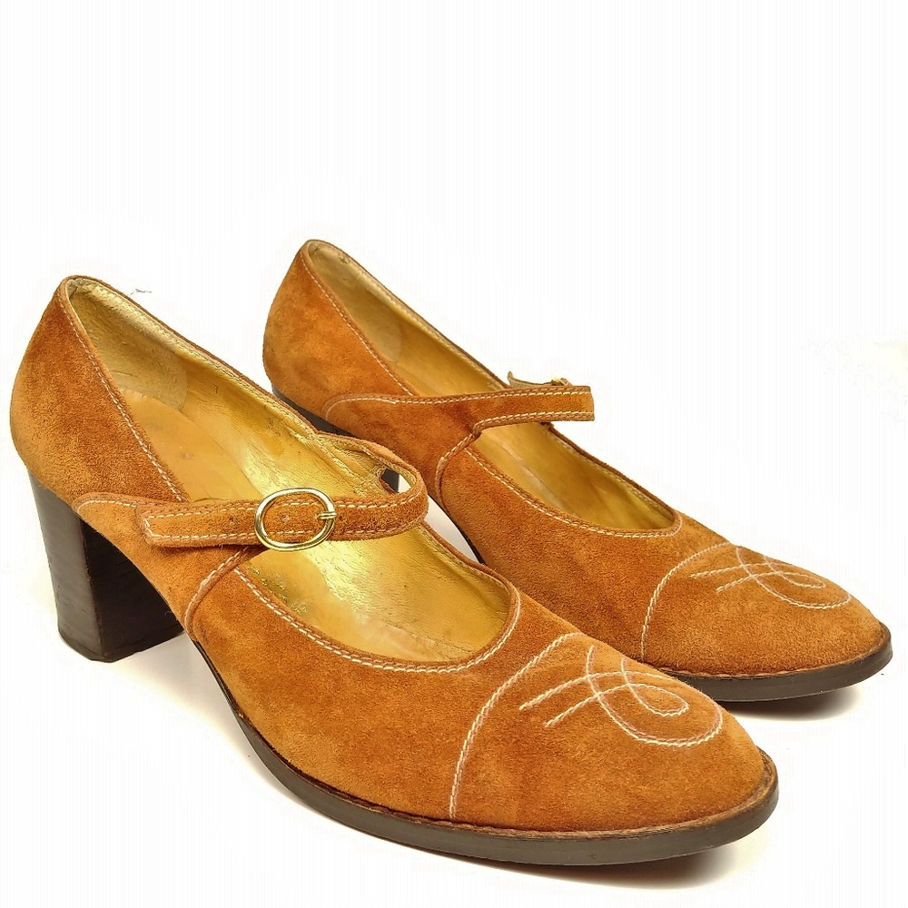 JULIANELLI Burt Orange Suede Mary Jane Heels Sz 7